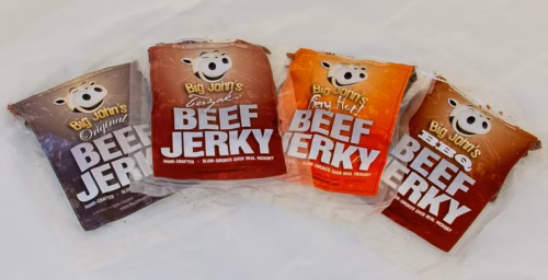 Big John's Beef Jerky, featuring Original, Teriyaki, Fiery Hot and BBQ, all the classic flavors, and hickory smoked with the Big John's classic technique