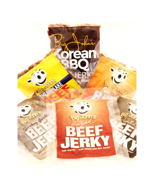 six bags of jerky of various flavors as order example
